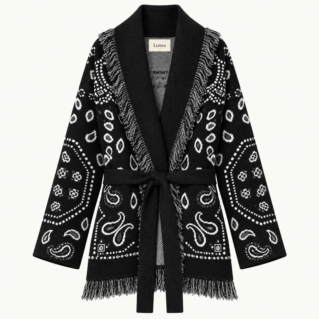 Monica – Cardigan con frange bianco/nero