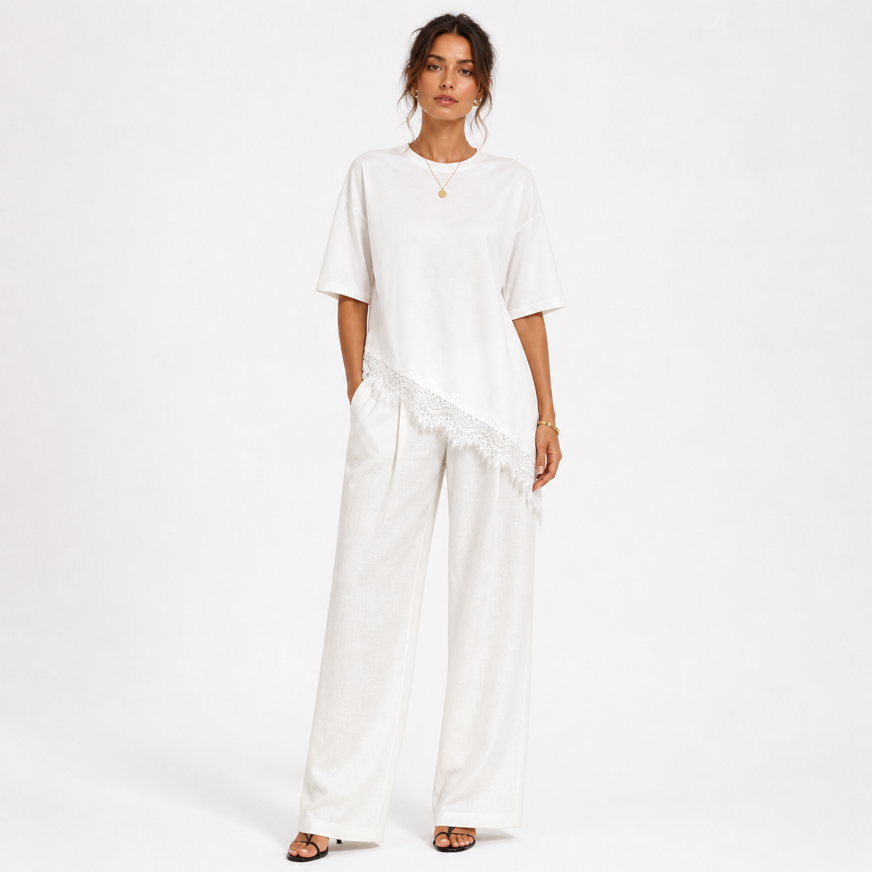 Asymmetric Lace Hem T-Shirt - White