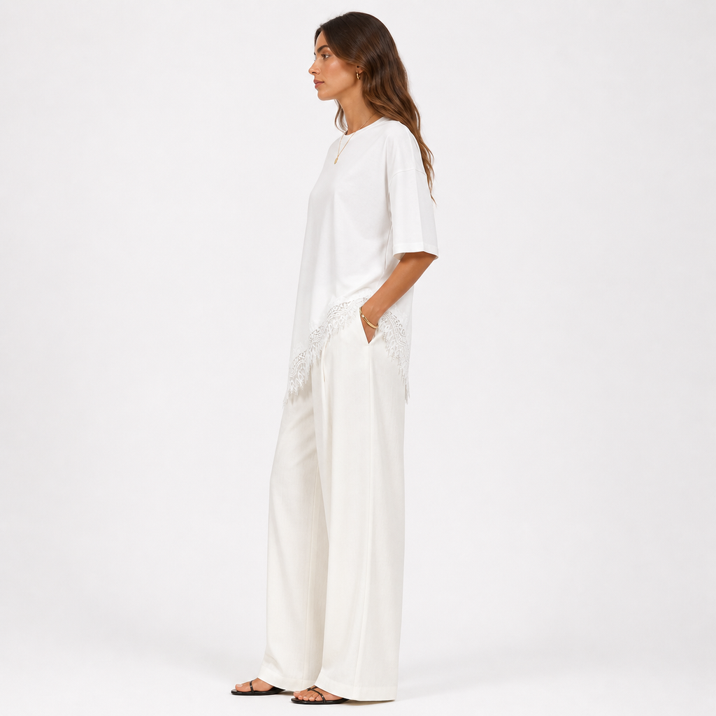 Asymmetric Lace Hem T-Shirt - White