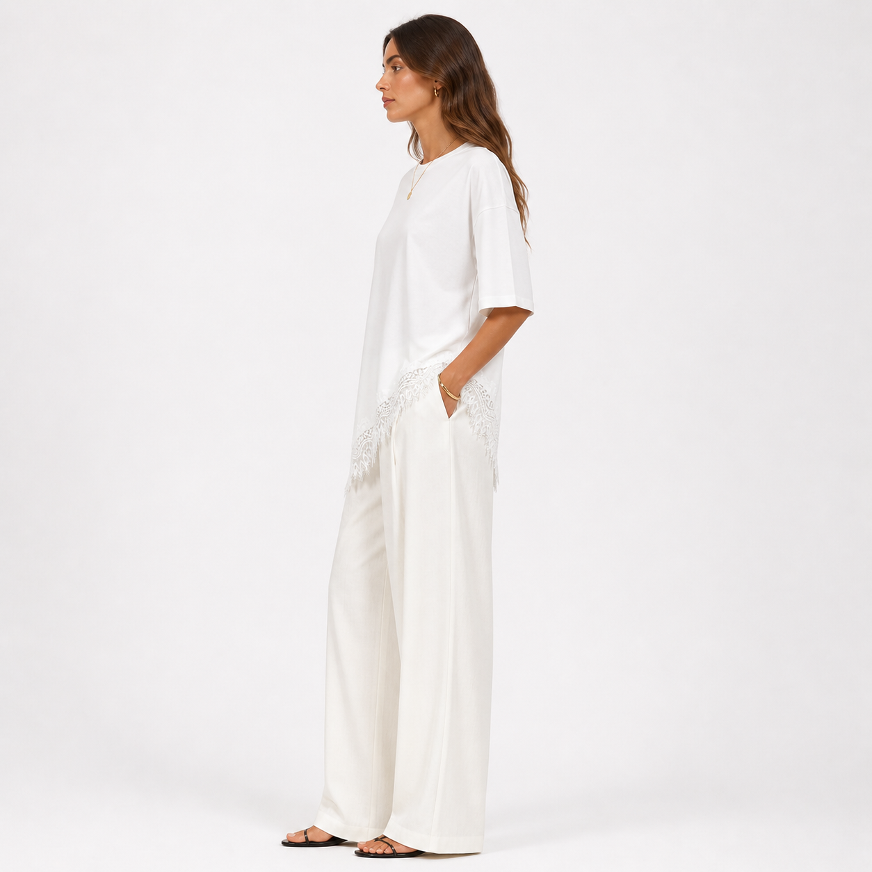 Asymmetric Lace Hem T-Shirt - White
