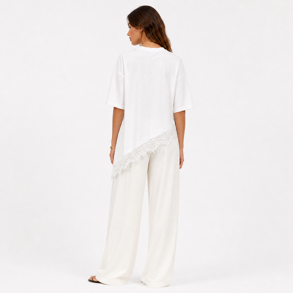 Asymmetric Lace Hem T-Shirt - White