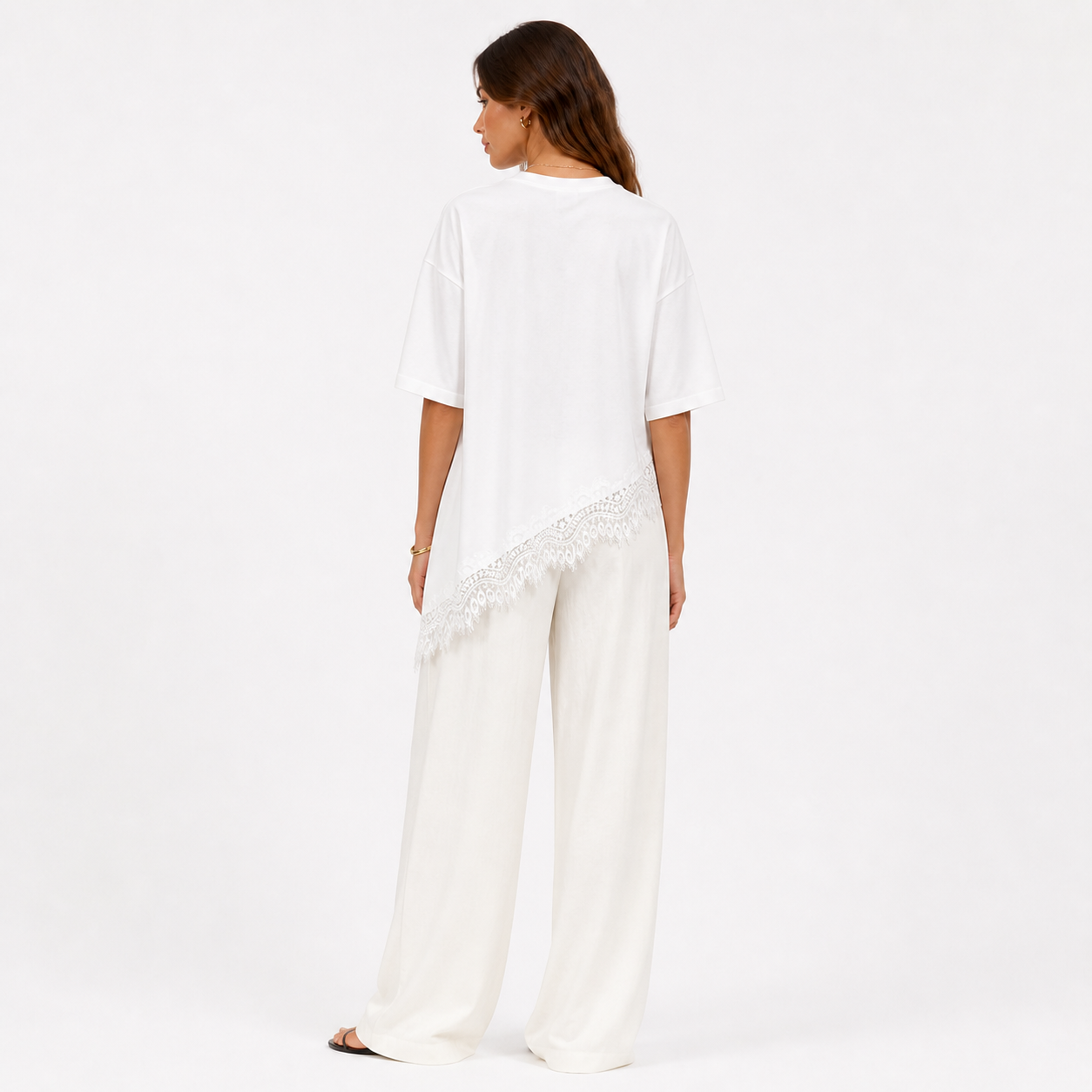 Asymmetric Lace Hem T-Shirt - White