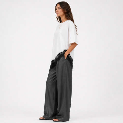 Asymmetric Lace Hem T-Shirt - White/Black