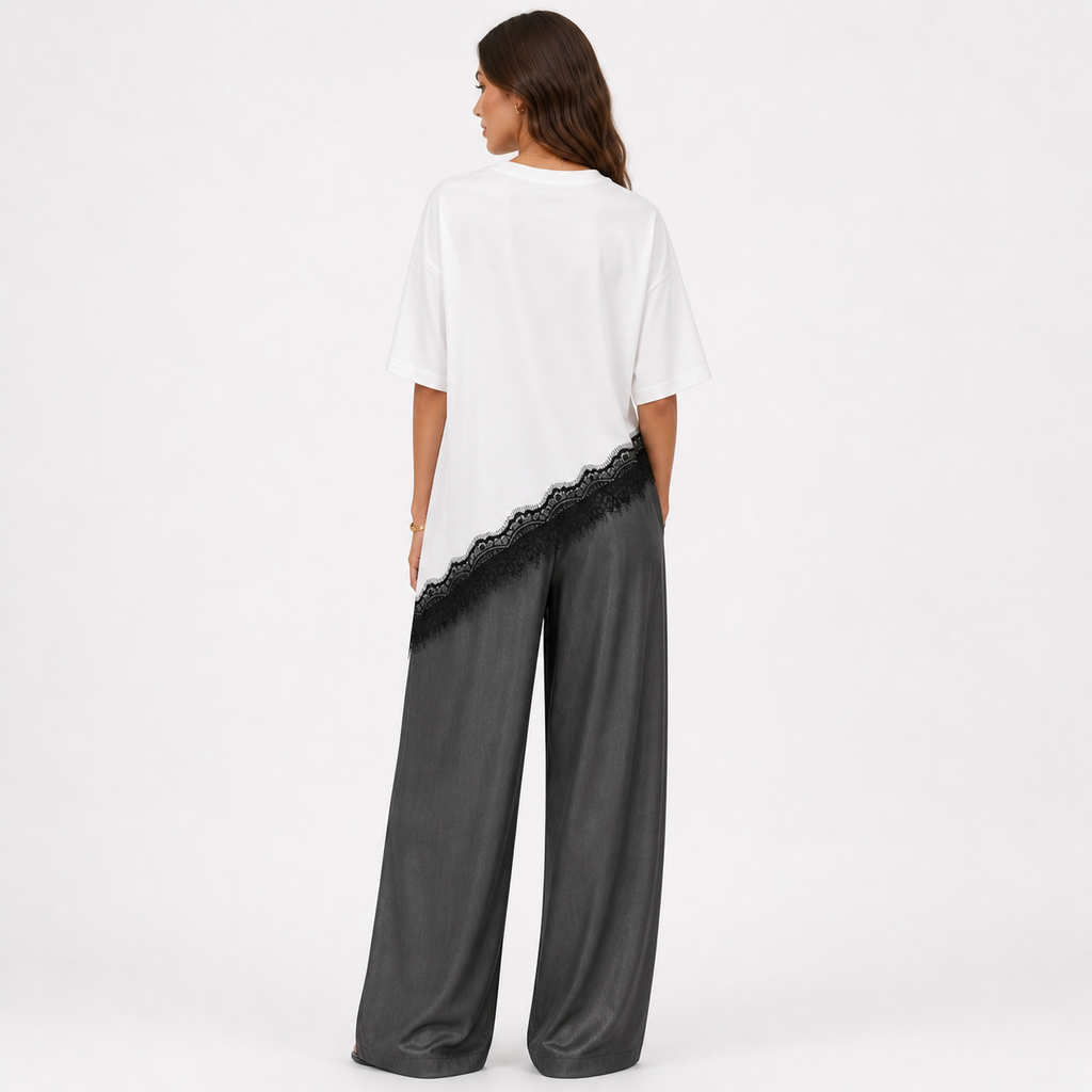 Asymmetric Lace Hem T-Shirt - White/Black