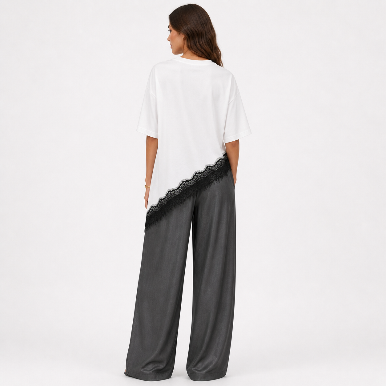 Asymmetric Lace Hem T-Shirt - White/Black