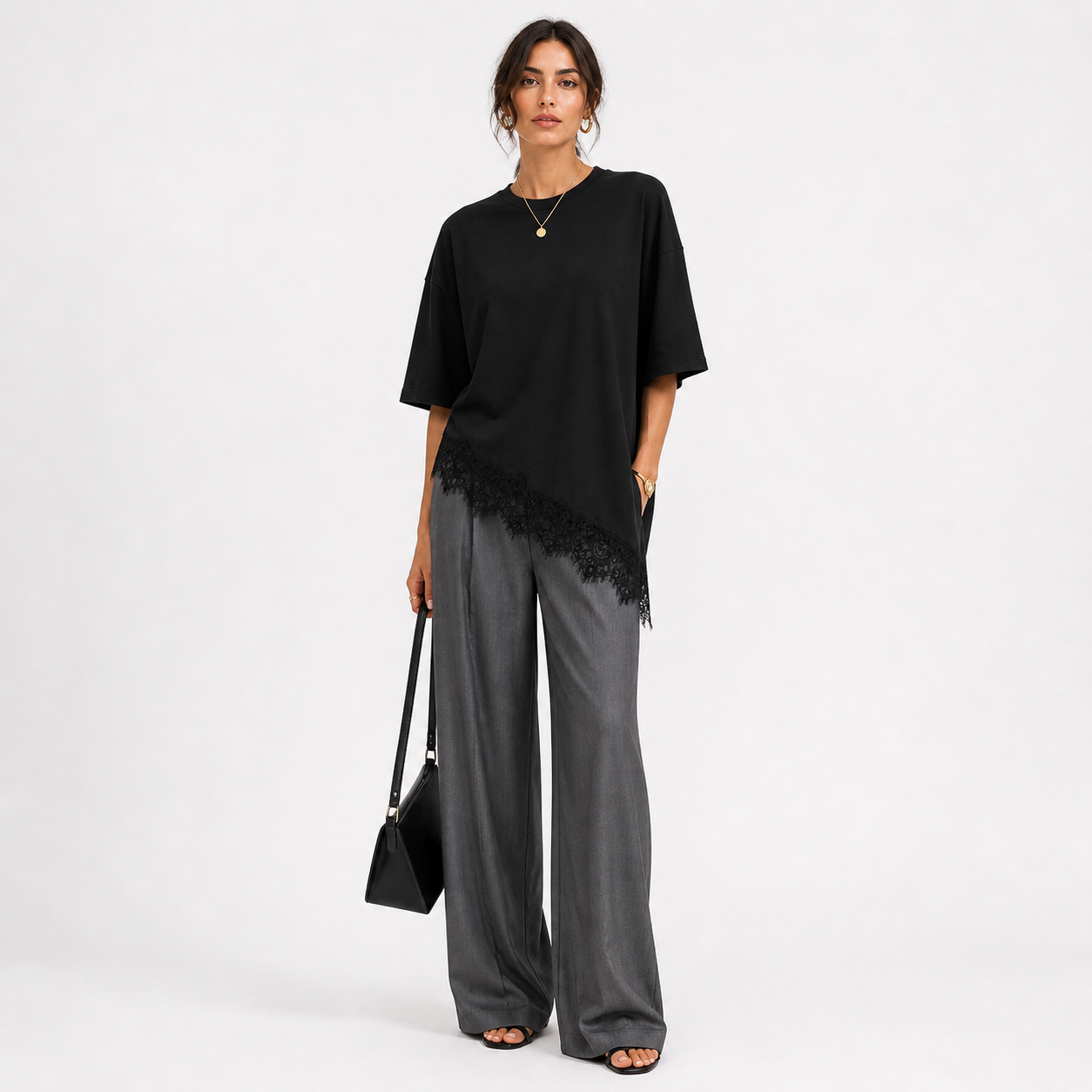 Asymmetric Lace Hem T-Shirt - Black