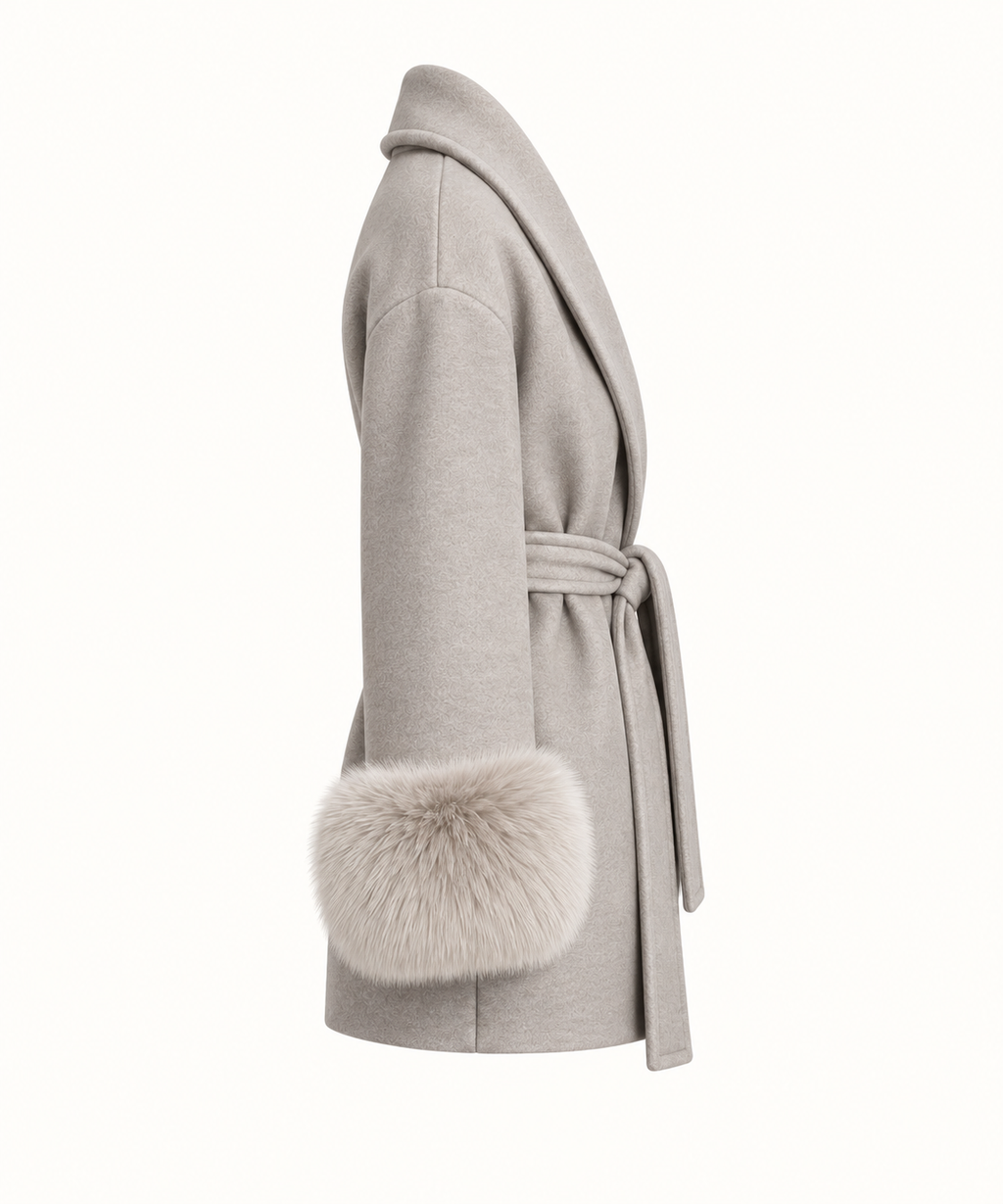 Chiara - Light Khaki Fur Sleeved Wool Coat
