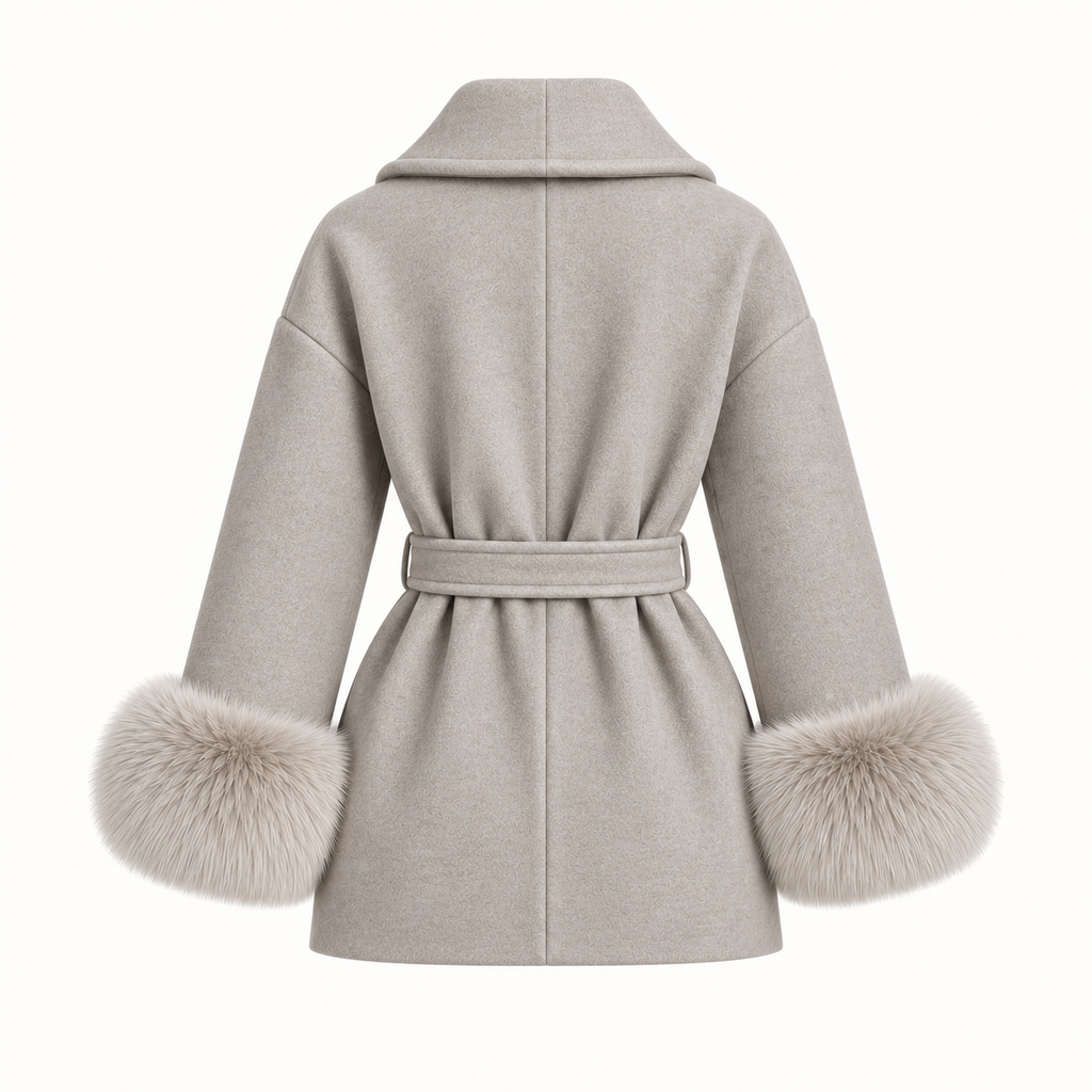 Chiara - Light Khaki Fur Sleeved Wool Coat